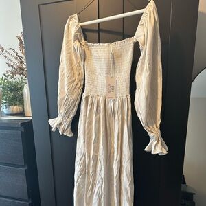 DOMENICA SHIRRED LONG SLEEVE MIDI DRESS - BEIGE STRIPED - NWT